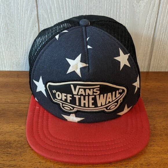 Vans Off The Wall Beachgirl Trucker Snapback Hat red white blue star EUC OSFM - Picture 1 of 7